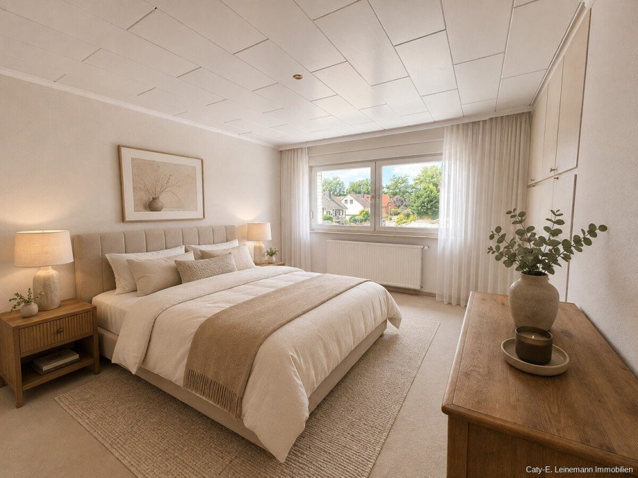 OG Elternschlafzimmer mit KI gest�tzter Beispieleinrichtung Reihenendhaus Isernhagen / Hohenhorster Bauerschaft